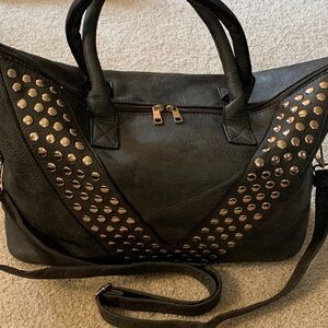 Dark Gray Large Handbag/Shoulder Bag with Gold Tone Stud Accents